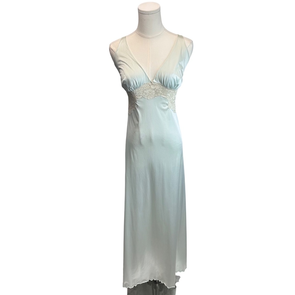 VTG Vanity Fair Maxi Nightgown 38 Aqua Blue Lace Coquette Hollywood Glam M - L